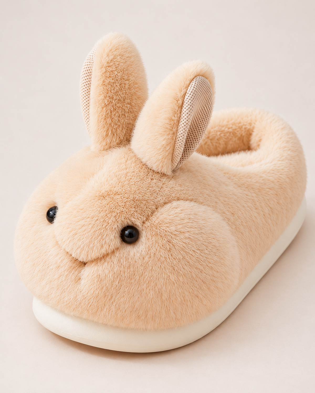 Women's Fluffy Slippers - Plush Rabbit Style, close detail of three-dimensional rabbit face, upright ears, plush surface and moulded sole