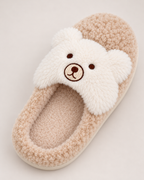 Women's Fluffy Slippers - Teddy Bear Style, close detail of raised teddy-bear face, fuzzy upper, plush footbed and low sole edge