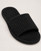 Men's black corduroy open-toe slippers, ribbed texture and sole detail
