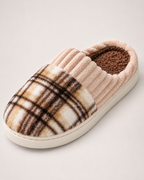 Men's Slippers - Plaid Plush Style, close detail of plaid upper, plush lining, ribbed sidewalls and sole tread