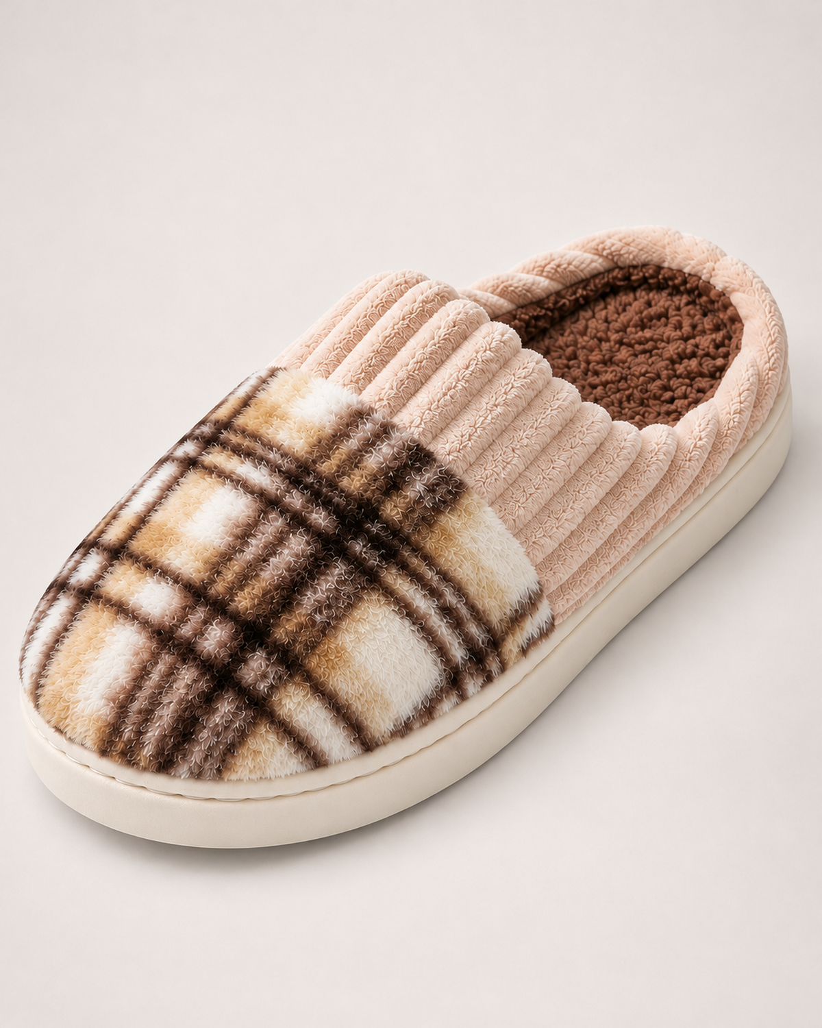 Men's Slippers - Plaid Plush Style, close detail of plaid upper, plush lining, ribbed sidewalls and sole tread