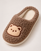 Fluffy Bear Slippers - Embroidered Face Style, close detail of curly plush upper, embroidered bear-face patch, contrast lining and sole edge