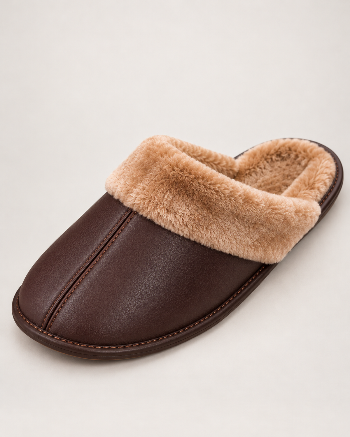 Men's dark brown stitched warm-lined slippers, seam and lining detail