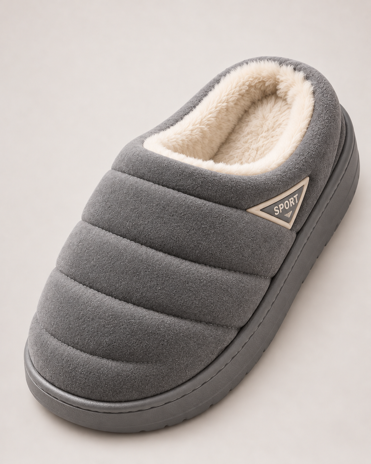 Men's grey quilted plush slippers, quilting and lining detail
