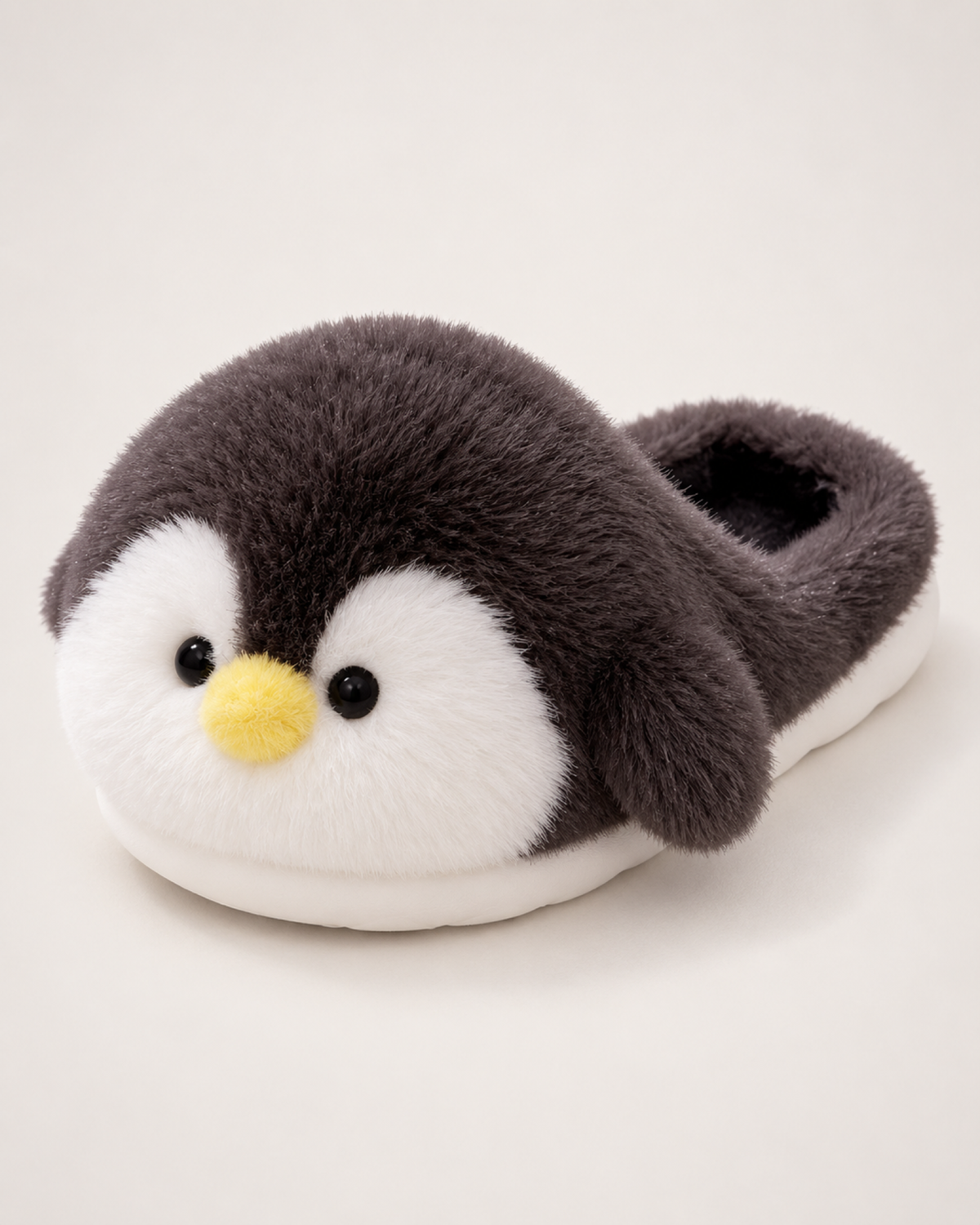Women's Penguin Slippers in Black, close-up detail