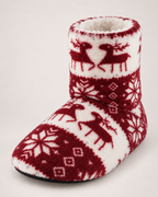 Women's Christmas Slipper Boots – Reindeer Print, close detail of the pile cuff, fleece surface, reindeer and snowflake pattern and eva sole edge