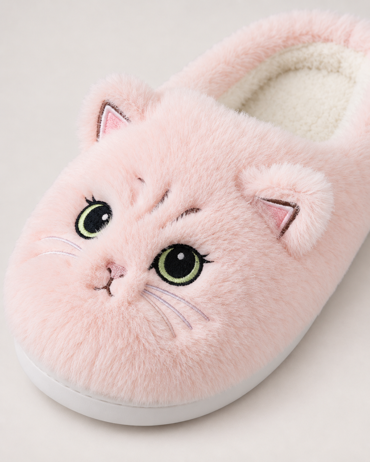 Women's Cat Slippers in Pink, close-up detail