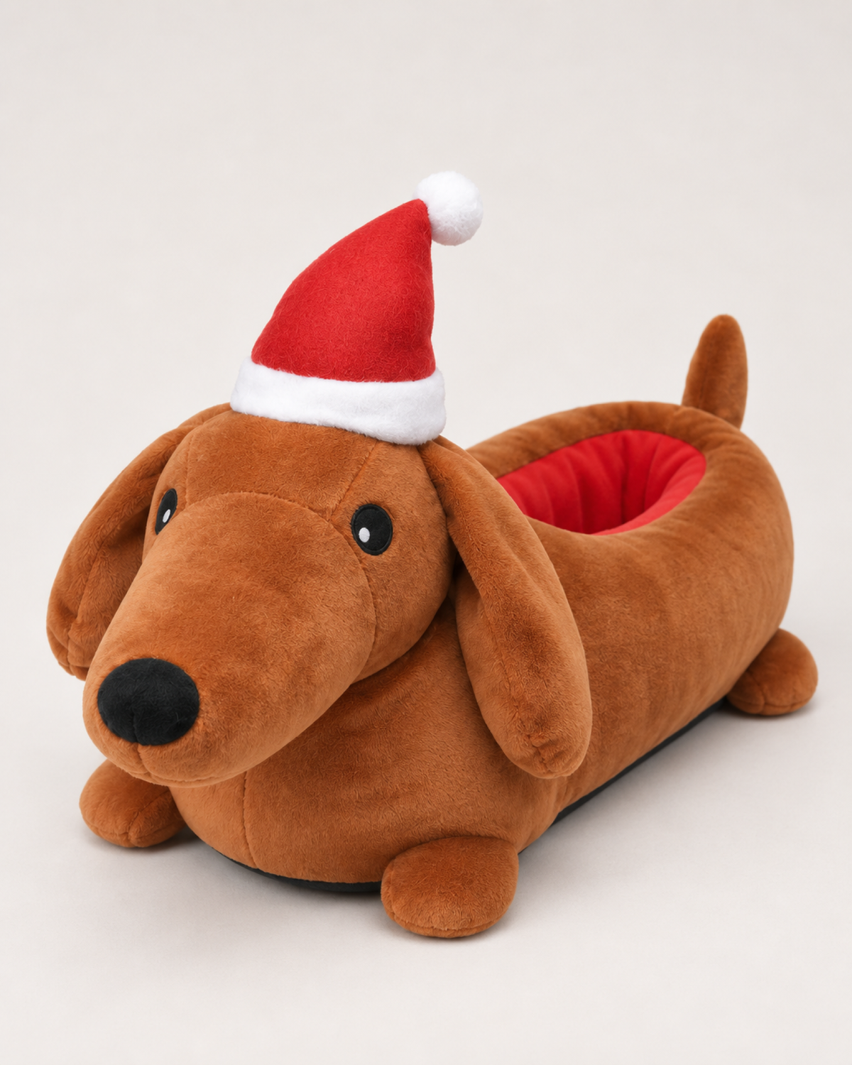 Women's Christmas Dachshund Slippers in Brown, close-up detail