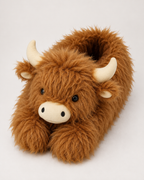 Women's Highland Cow Slippers in Brown, close-up detail