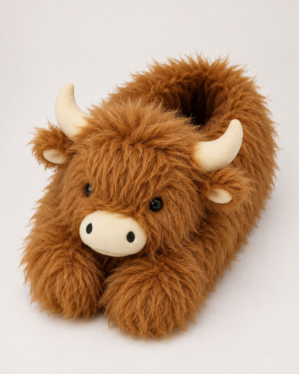 Women's Highland Cow Slippers in Brown, close-up detail