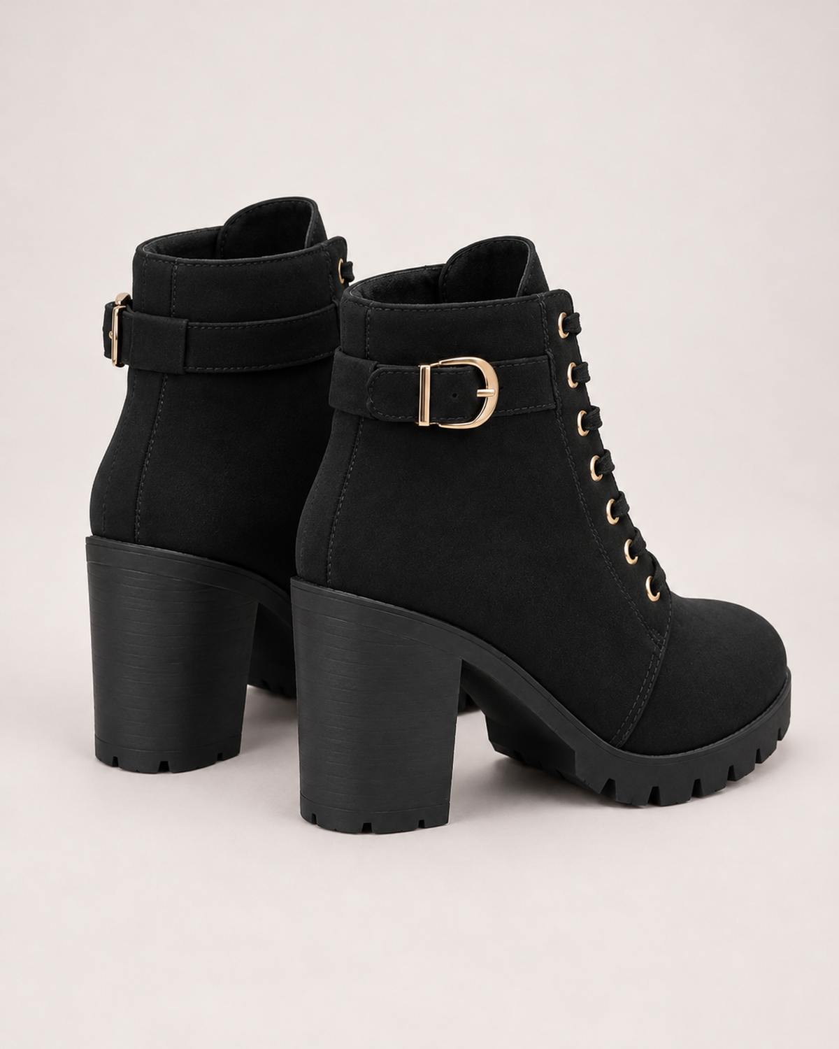 Women's Ankle Boots - Buckled Lace-Up Block Heel, rear view proving heel construction