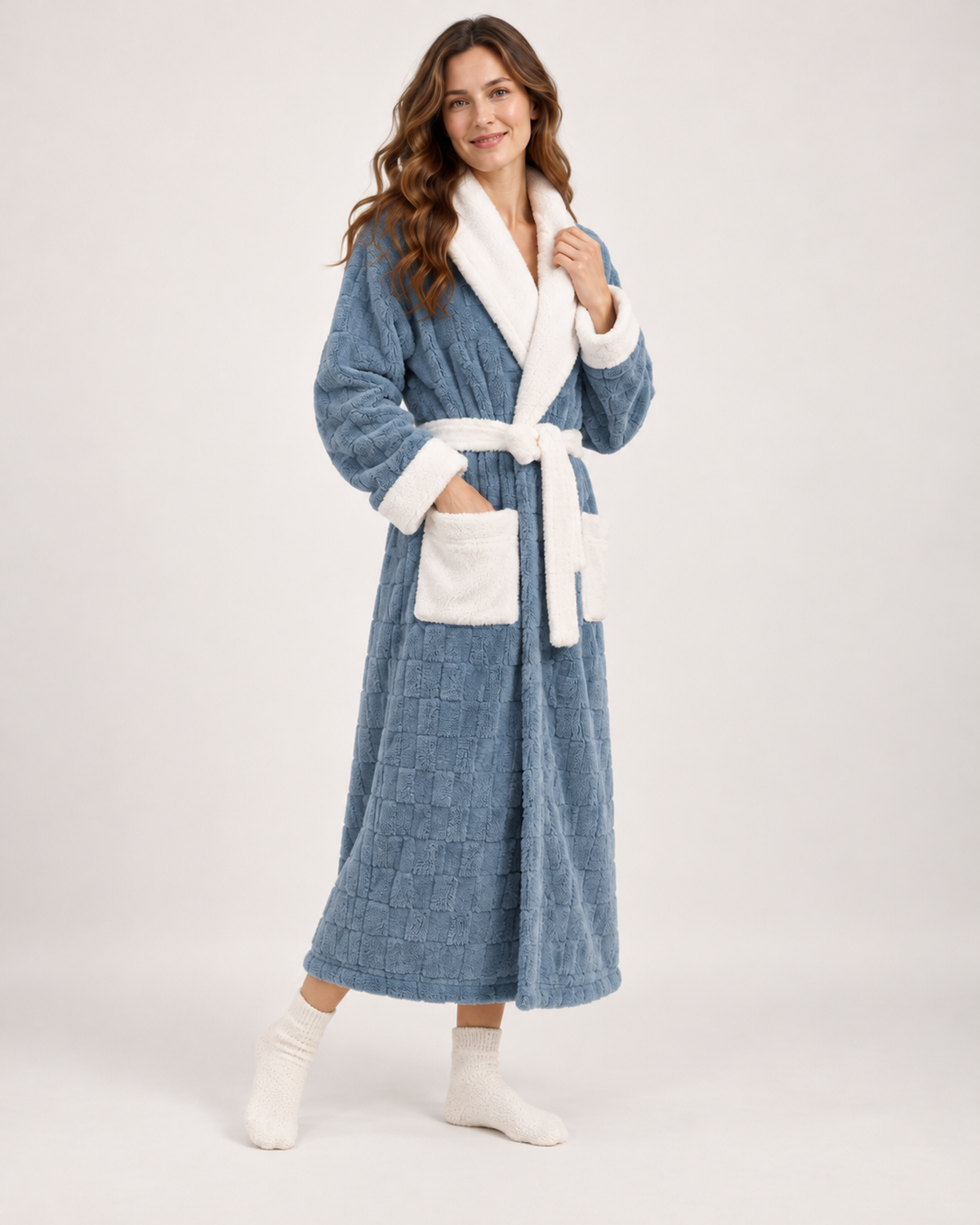 Women's Dressing Gown - Textured Contrast-Trim Style, side or three-quarter pose