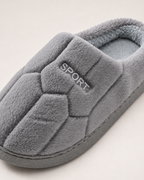Men's Slippers - Quilted Sport-Patch Style, close detail of quilted upper, small sport patch, plush collar and sole edge