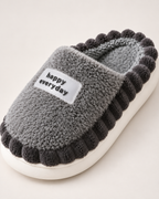 Men's Slippers - Ribbed-Trim Plush Style, close detail of plush upper, ribbed trim, sidewall label and thick white sole