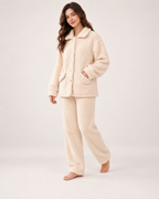 Women's Fleece Pyjama Set – Button-Front Loungewear, three-quarter movement view showing how the set falls
