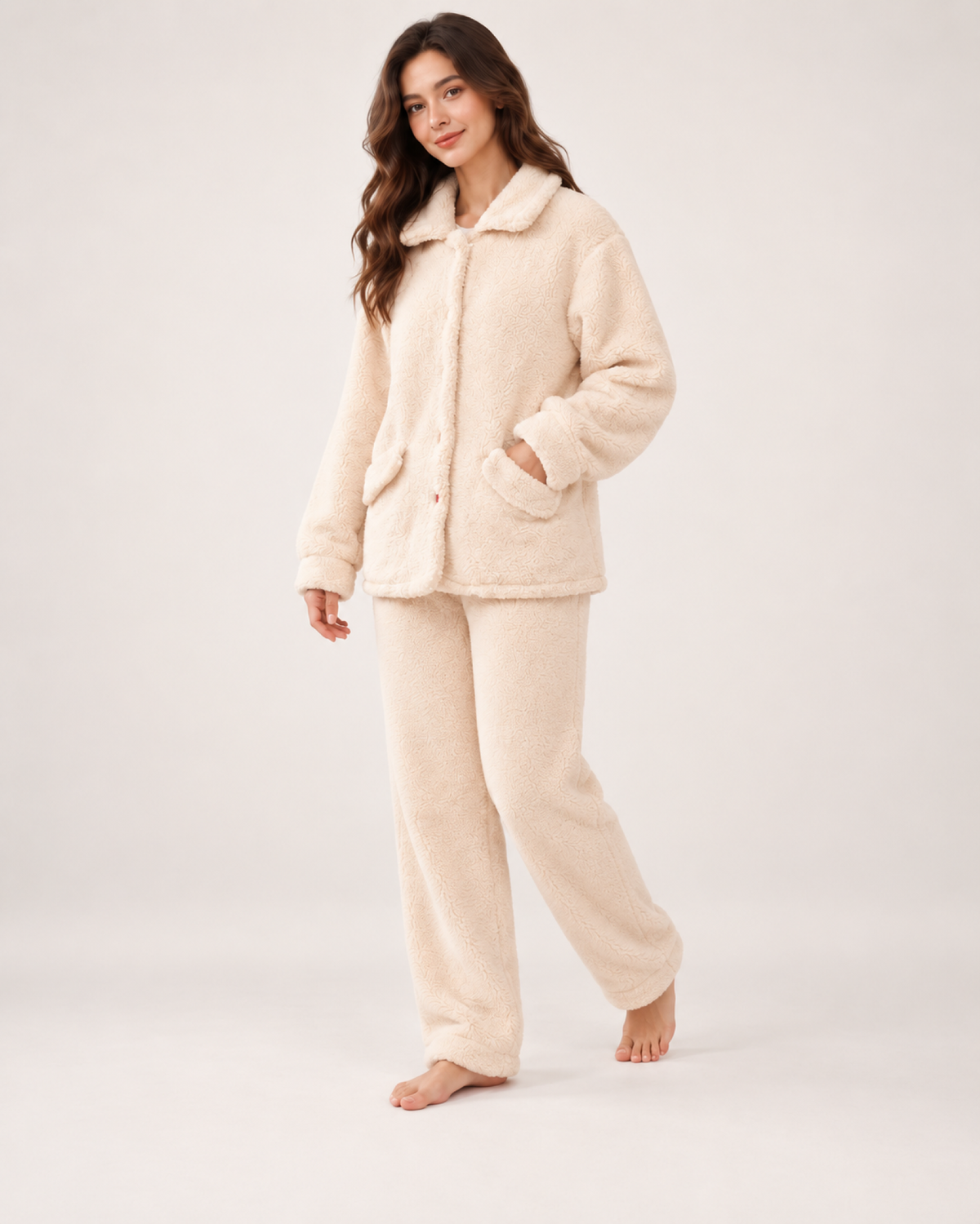 Women's Fleece Pyjama Set – Button-Front Loungewear, three-quarter movement view showing how the set falls