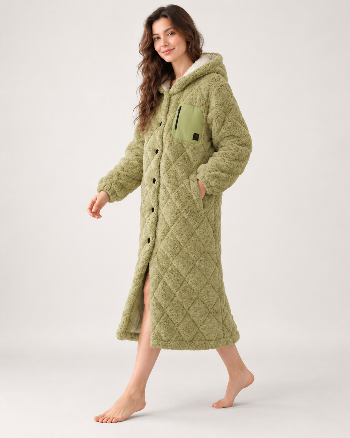 Women's Quilted Fleece Dressing Gown – Hooded Long Style, three-quarter movement view showing how the long gown hangs