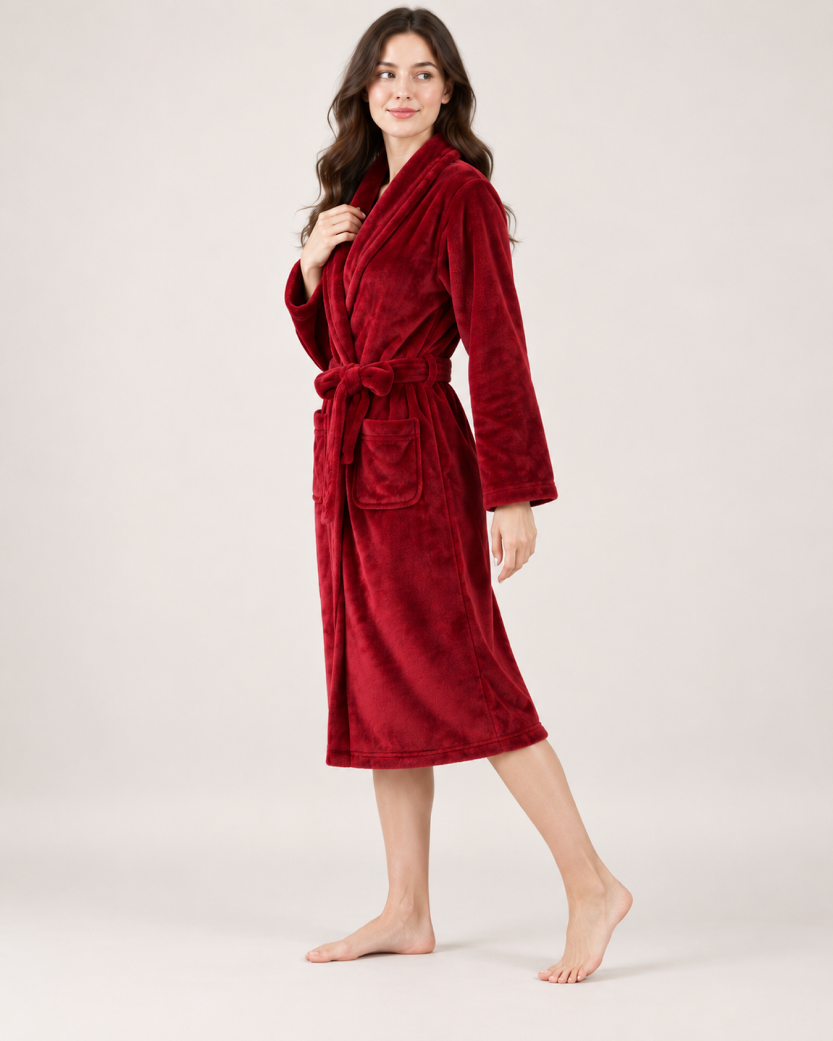 Women's Long Fleece Dressing Gown – Belted Robe, three-quarter movement view showing how the robe falls