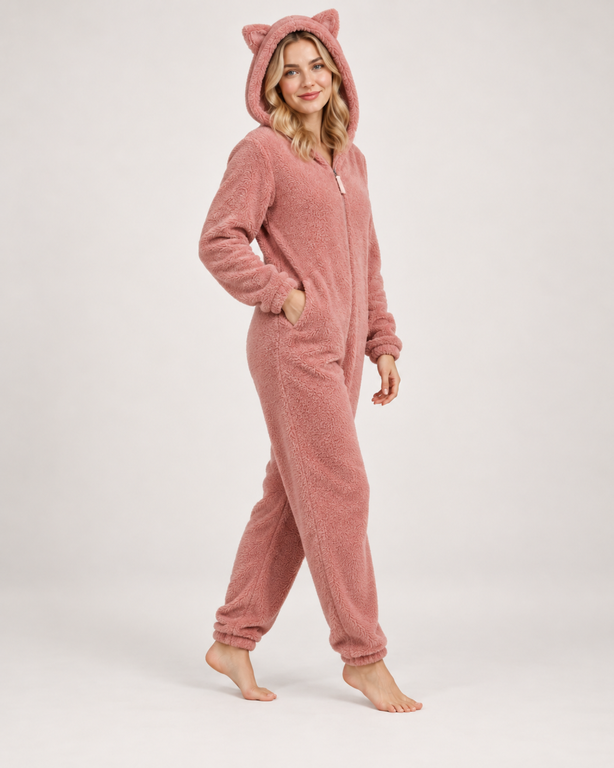 Women's pink cat-ear fleece onesie, walking studio view