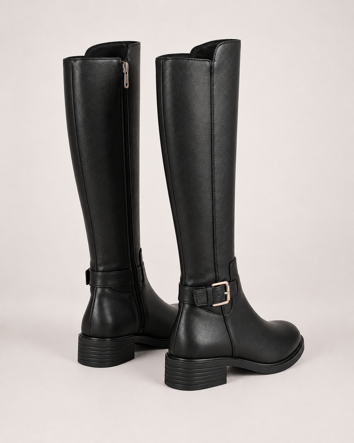 Women's Black Knee High Boots – Buckle Detail in UK 2, rear view