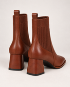 Women's Sock Boots – Square Toe Block Heel in Brown, rear view