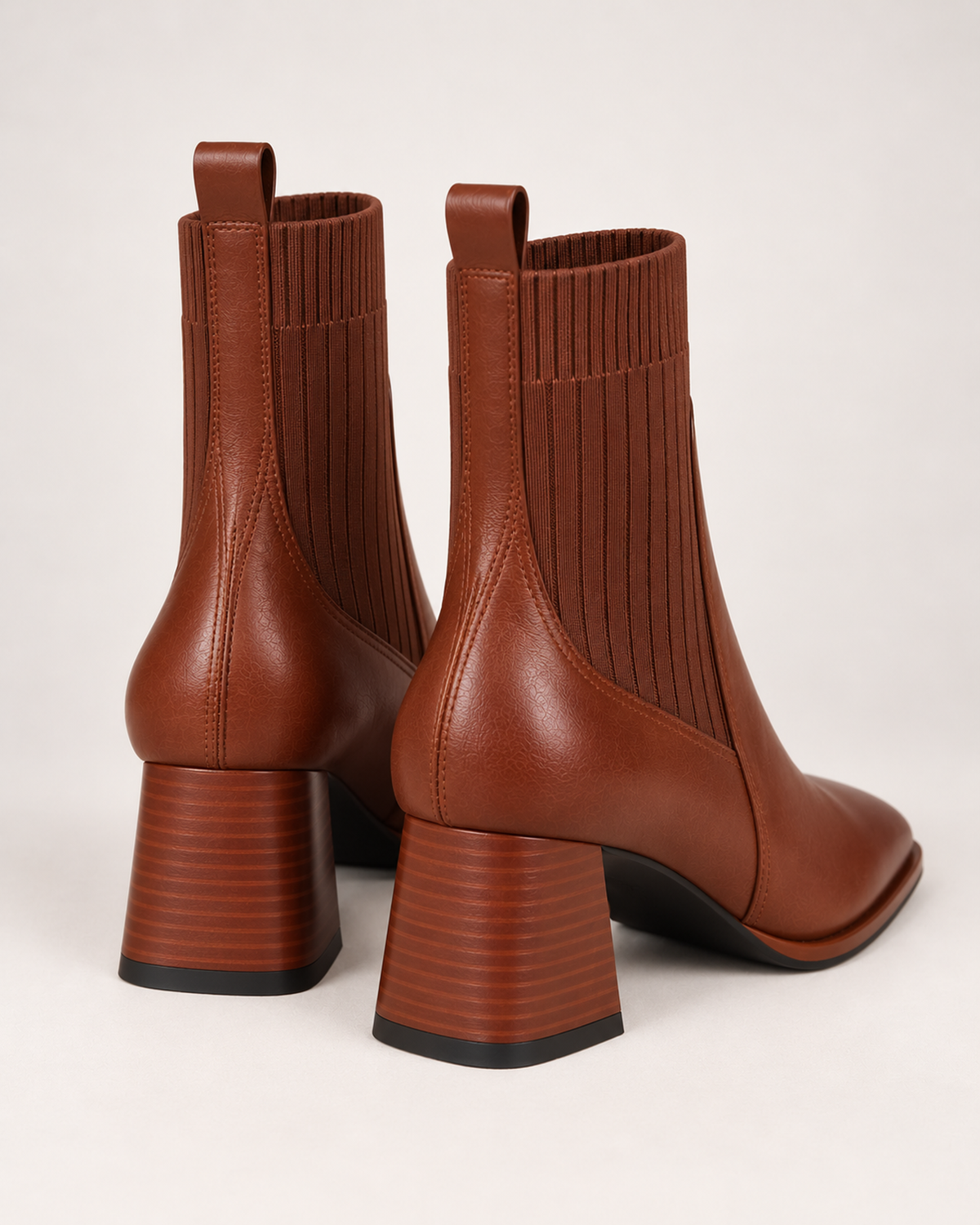 Women's Sock Boots – Square Toe Block Heel in Brown, rear view
