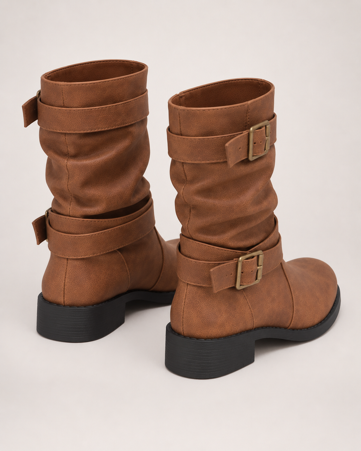 Women's Biker Boots – Double Buckle Detail in Brown, rear view