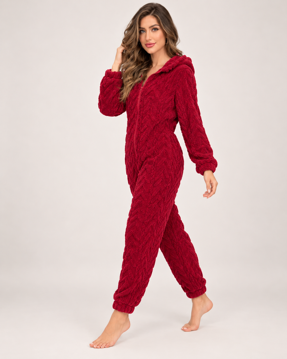 Women's Fleece Onesie - Hooded Cable-Texture Style, side view