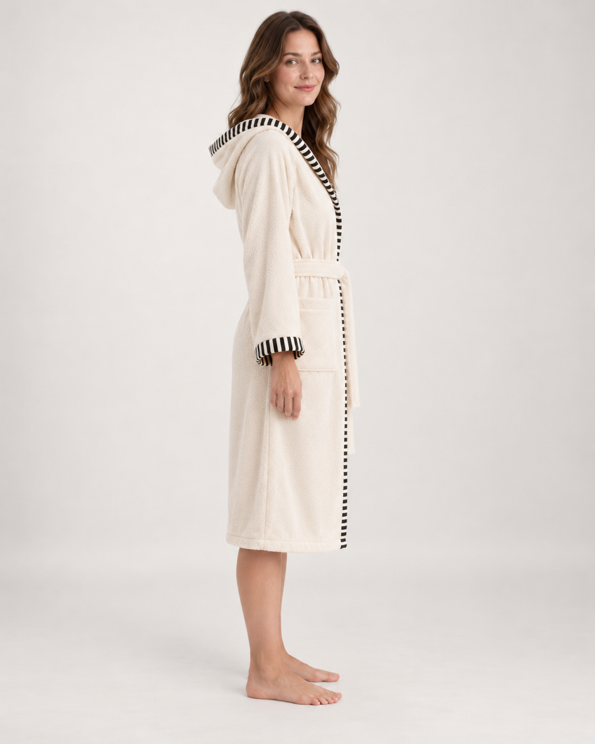 Women's Hooded Cotton Dressing Gown in Cream, side profile