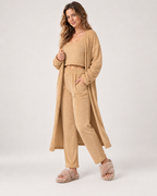Women's Three Piece Loungewear Set in Camel, three-quarter studio view
