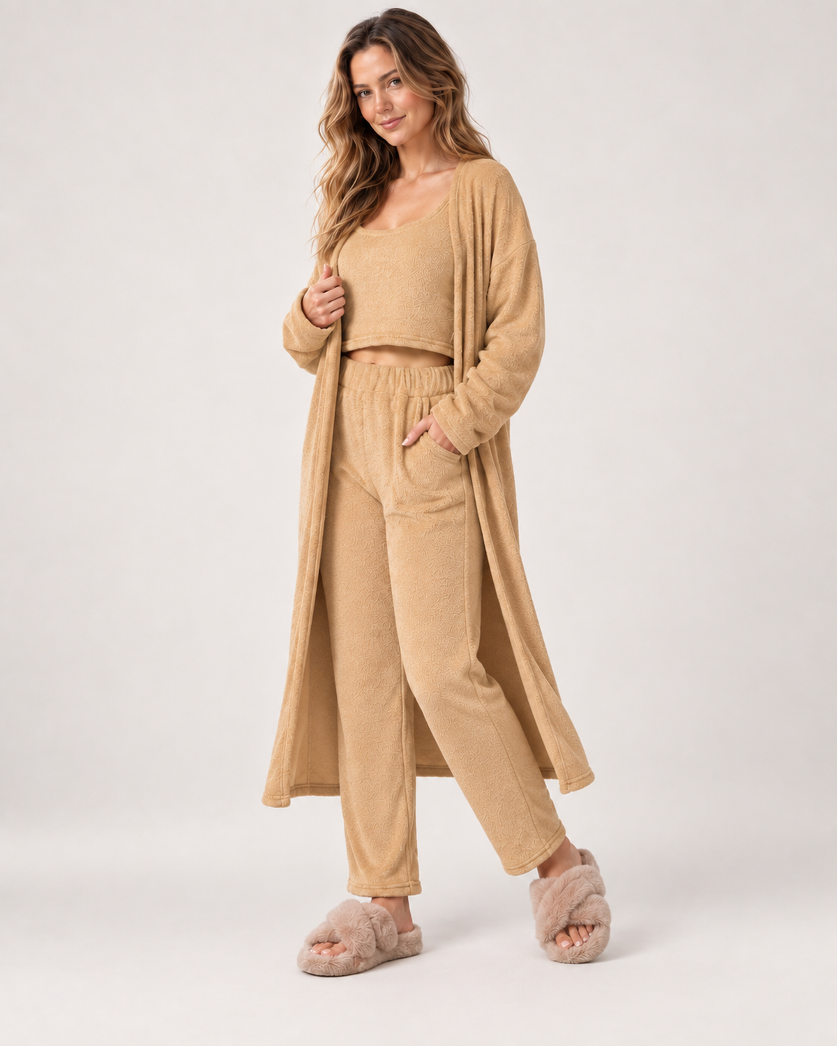Women's Three Piece Loungewear Set in Camel, three-quarter studio view