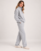 Women's Oversized Button-Neck Loungewear Set in Grey, three-quarter studio view