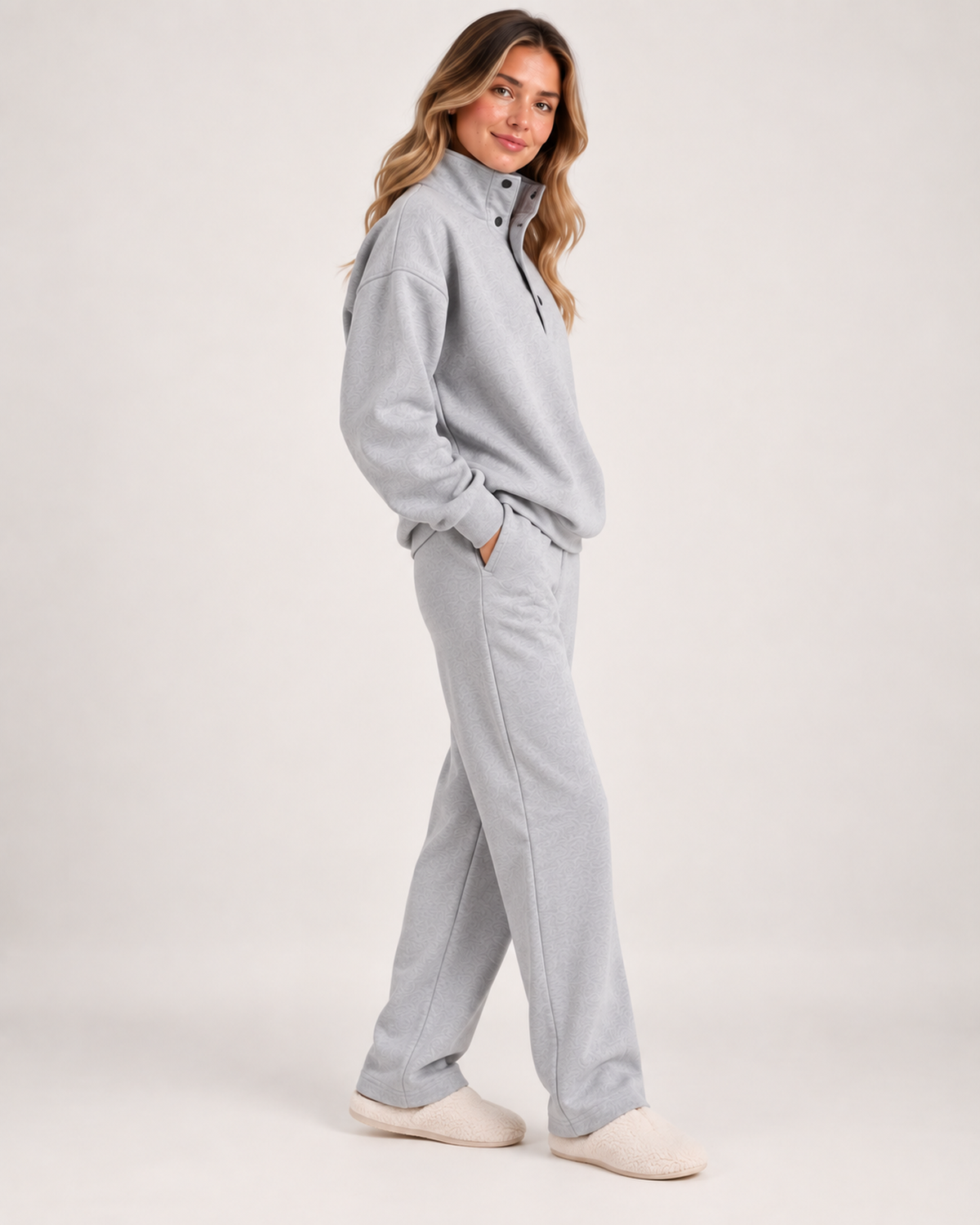 Women's Oversized Button-Neck Loungewear Set in Grey, three-quarter studio view