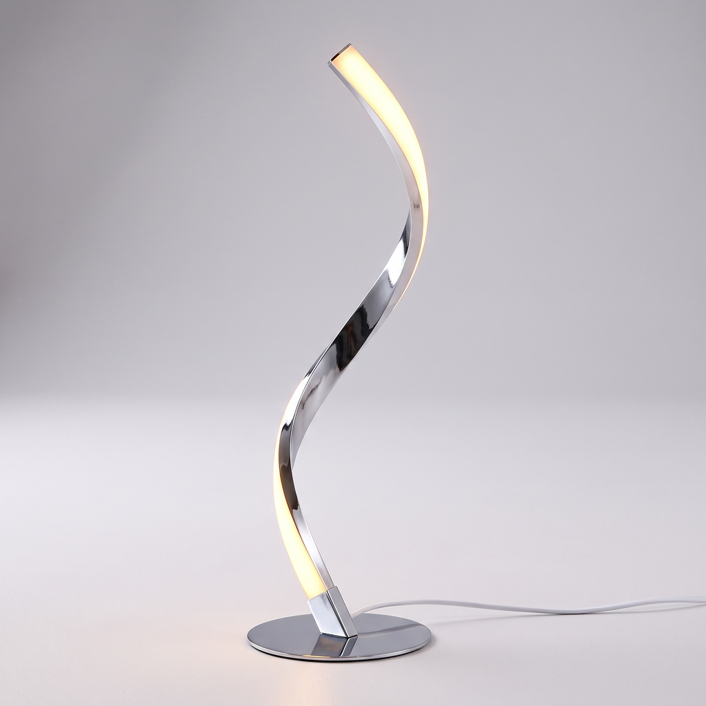 Close view of the reflective chrome spiral lamp and warm diffuser