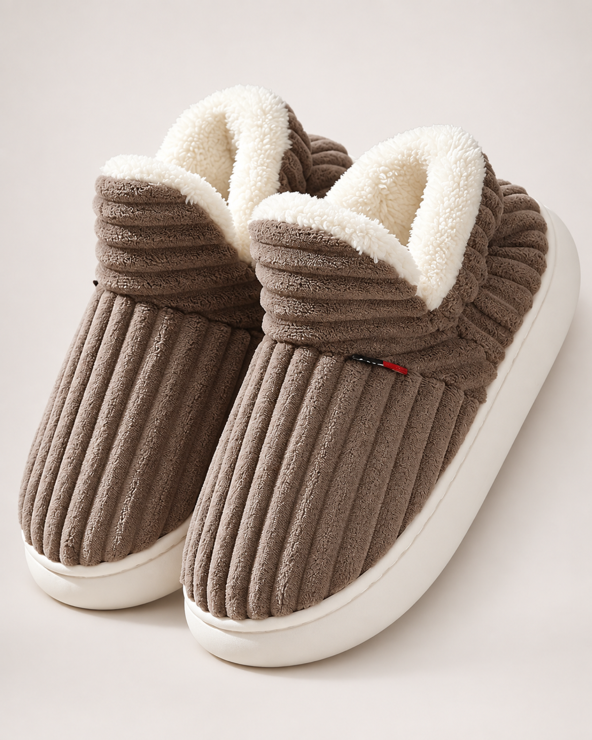 Striped House Slippers in Brown, close up view