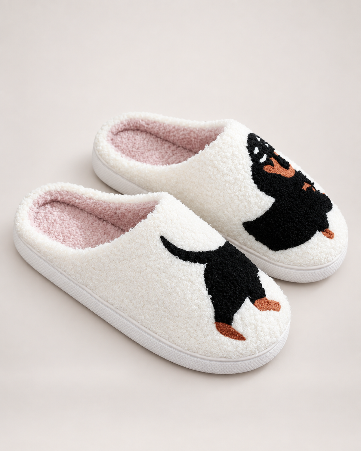 Embroidered Animal Slippers in Dachshund, close up view