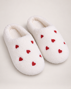 Heart Print Fluffy Slippers in White, close up view