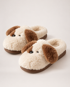 Plush Dog Face Slippers in Beige, close up view