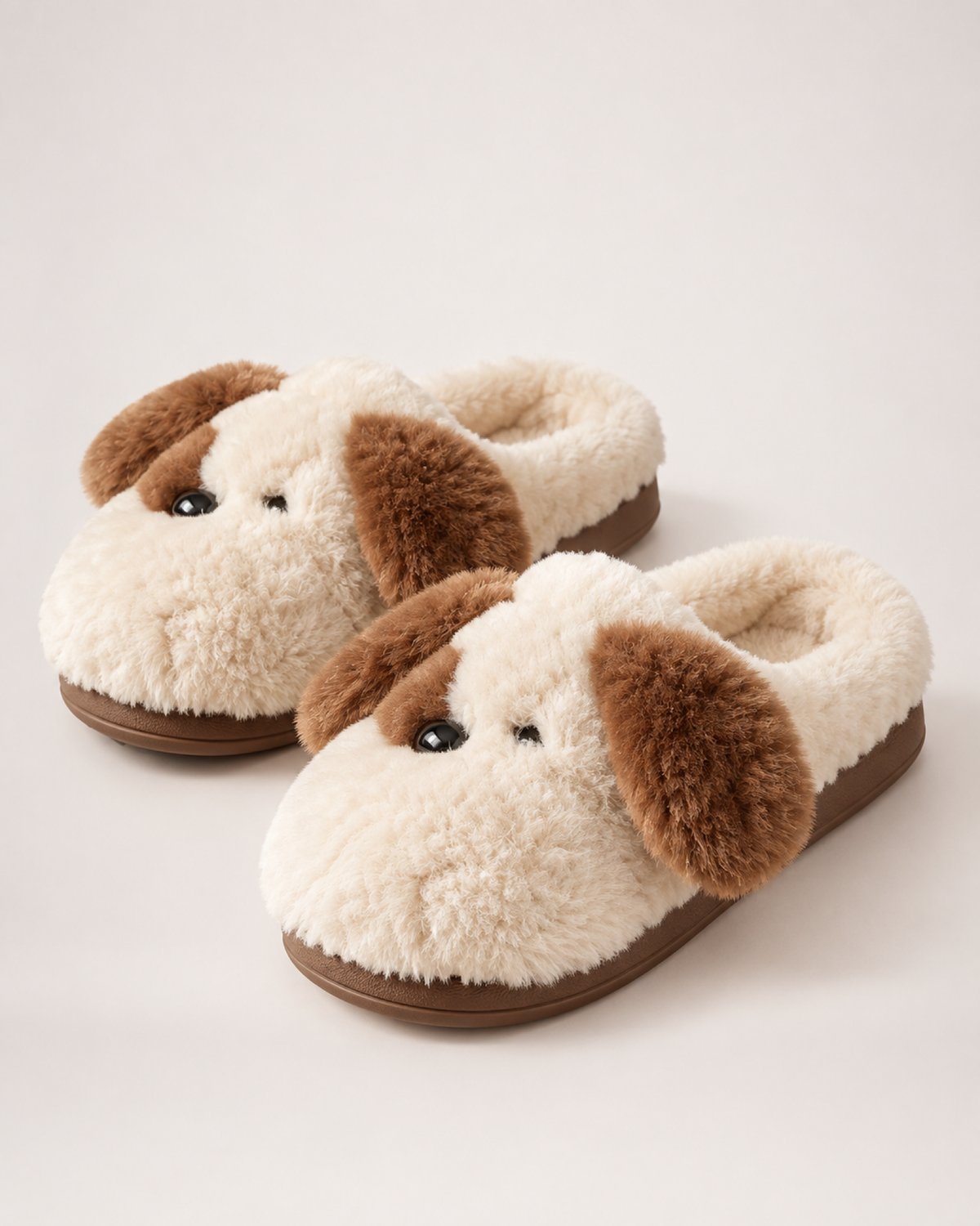Plush Dog Face Slippers in Beige, close up view