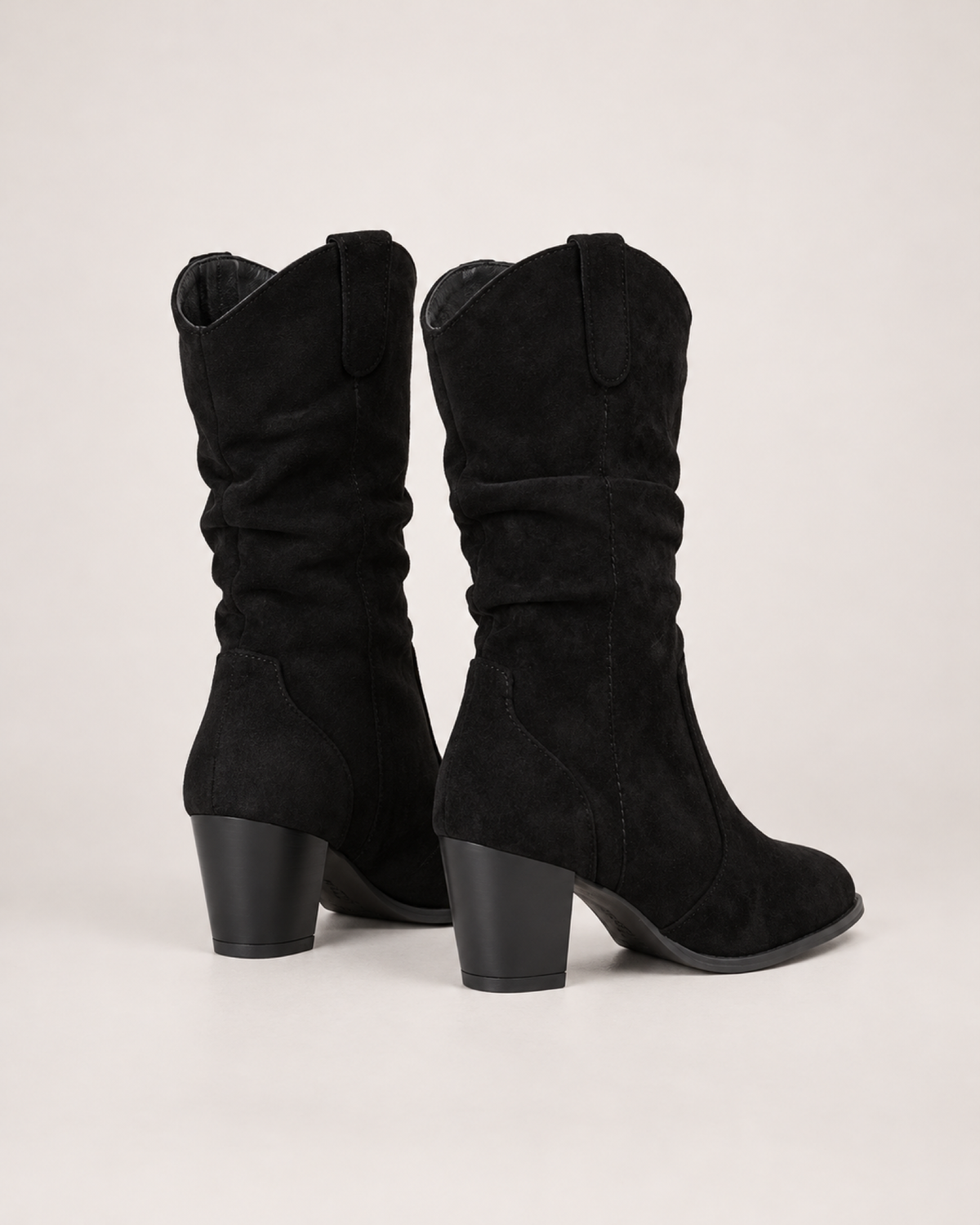 Women's Mid-Calf Boots: Chunky Heel Style in Black, pair rear three quarter