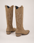 Women's Cowboy Boots: Embroidered Knee-High Style in Dark Brown, pair rear three quarter