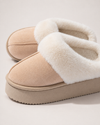 Warm Suede-Effect Slippers in Beige, close up view