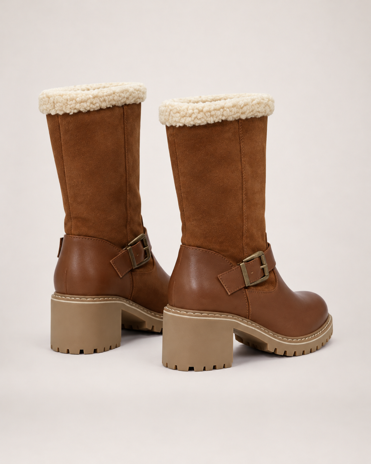 Women's Buckle Boots: Plush-Lined Block Heel Style in Light Brown, pair rear three quarter