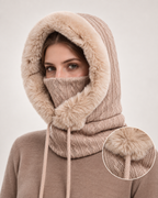 Women's Faux Fur Trim Hooded Scarf in Beige, product detail view