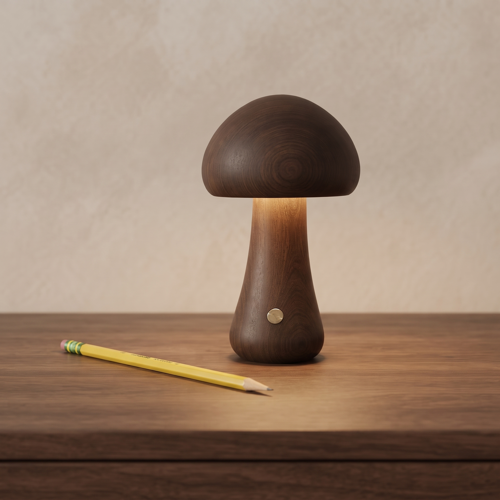 Walnut Willow mushroom lamp beside a pencil for accurate scale