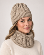 Women's Cable Knit Hat & Scarf Set in Beige, product detail view