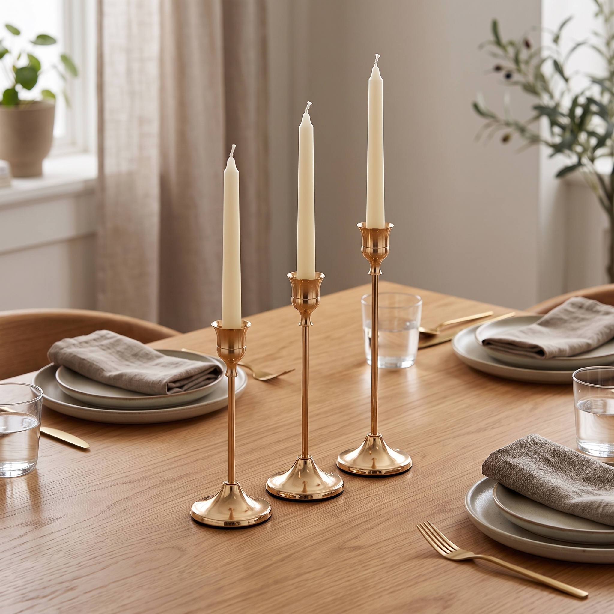 French Gold taper candle holder set used as a dining centrepiece