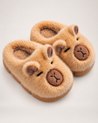 Kids' Capybara Slippers in Light Coffee, close up view