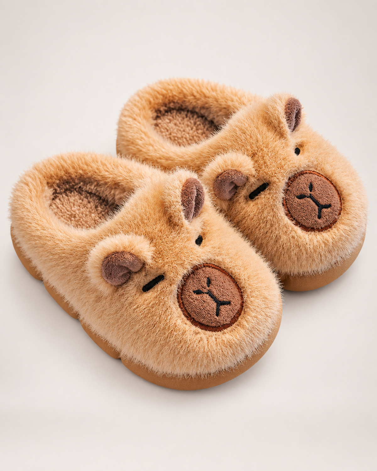 Kids' Capybara Slippers in Light Coffee, close up view
