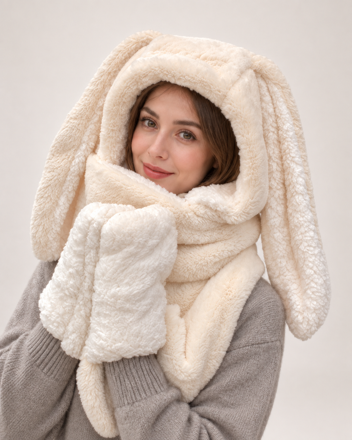 Plush Animal Ear Hooded Scarf in Beige / Bunny Ears, product detail view